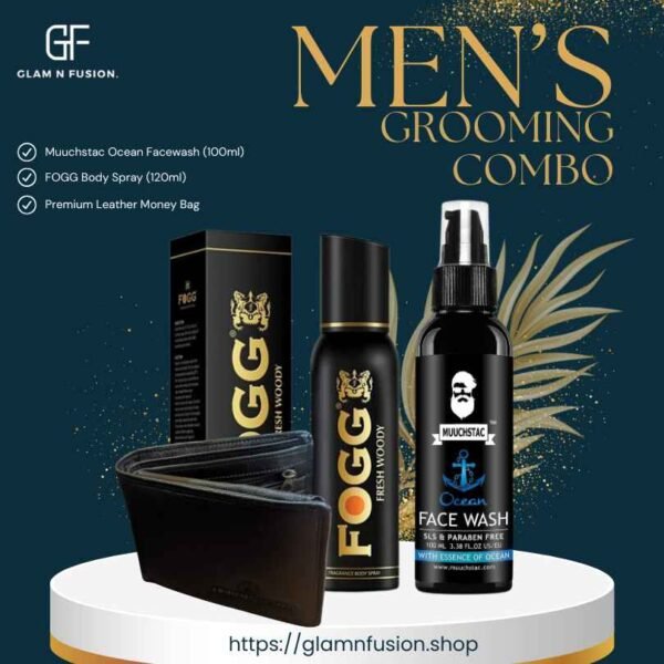 Men’s Grooming Combo – Muuchstac Facewash + FOGG Body Spray + Leather Money Bag