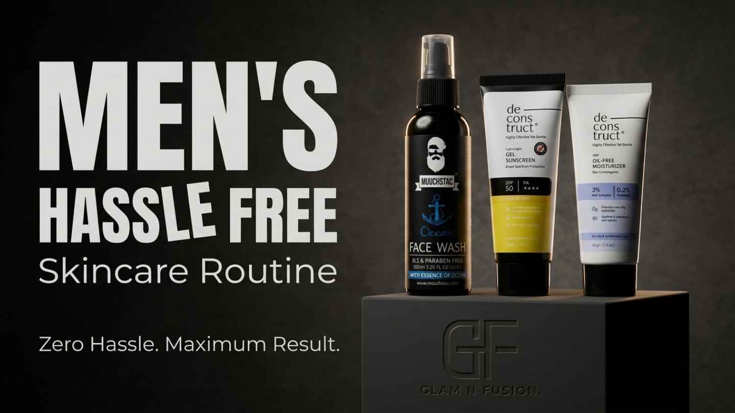 Muuchstac Ocean Face Wash and Deconstruct skincare products on a dark podium for the Men's Hassle-Free Skincare Routine at Glam N Fusion.