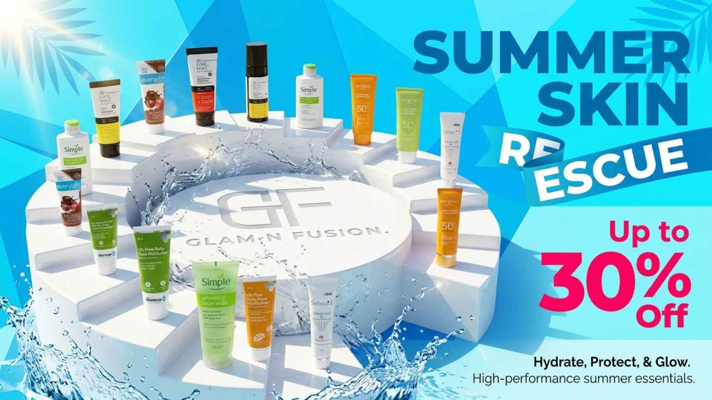 Assorted summer skincare essentials including Simple face wash, Dot & Key, and Deconstruct sunscreens on a white podium with splashing water.