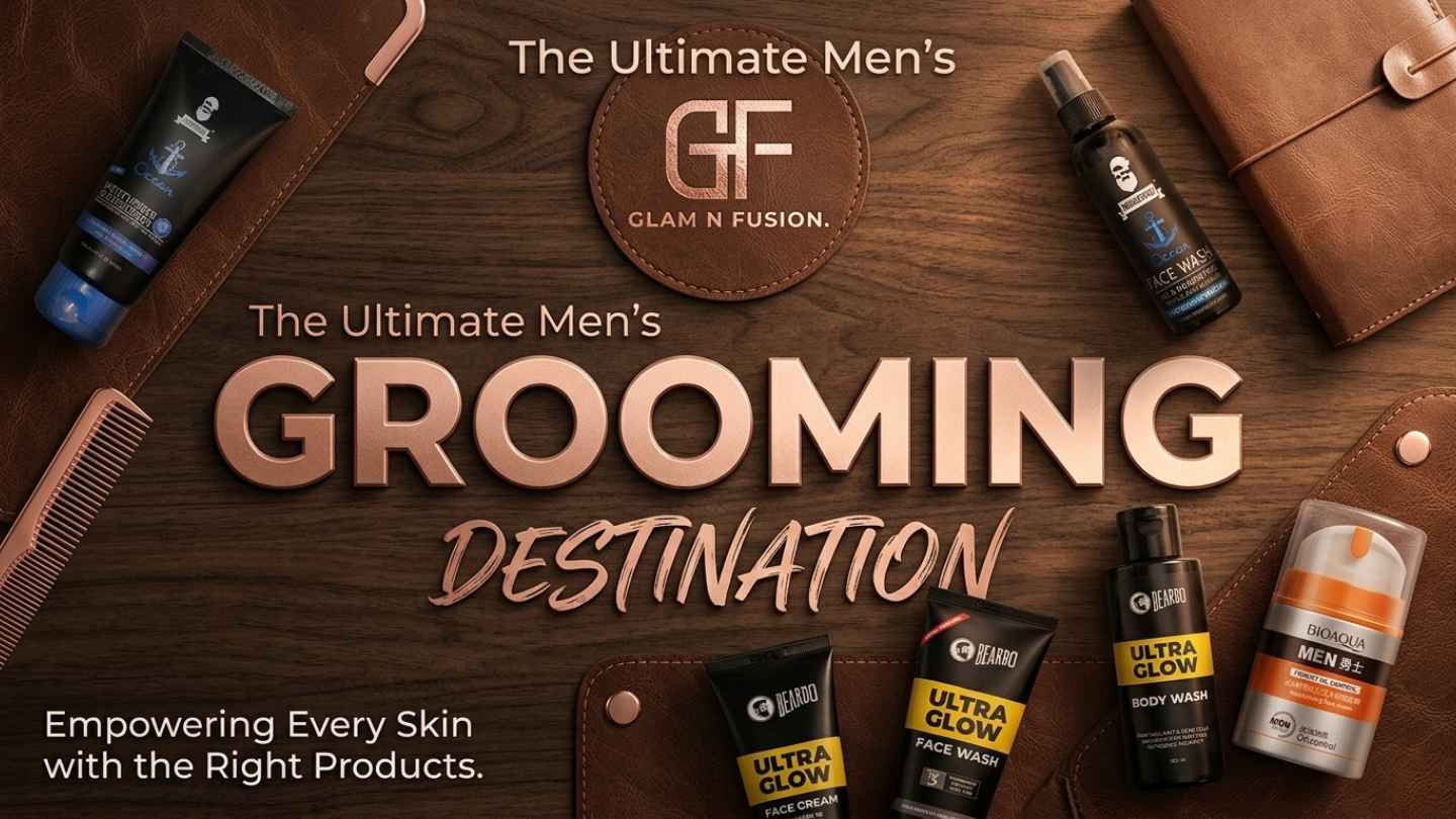 Flat lay of men's grooming essentials including Muuchstac face wash, Beardo Ultra Glow, and Bioaqua products on a premium leather and wood background.