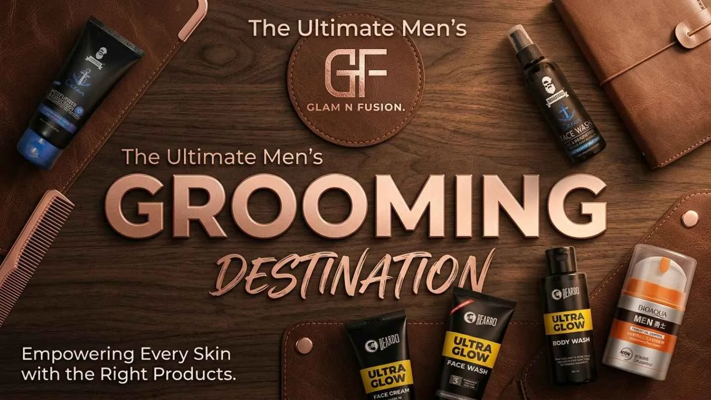 Flat lay of men's grooming essentials including Muuchstac face wash, Beardo Ultra Glow, and Bioaqua products on a premium leather and wood background.