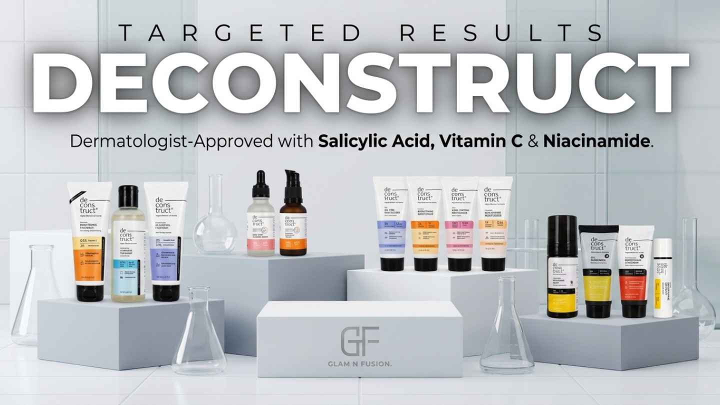 Deconstruct skincare serums and moisturizers displayed on minimalist white geometric podiums highlighting Salicylic Acid, Vitamin C, and Niacinamide.