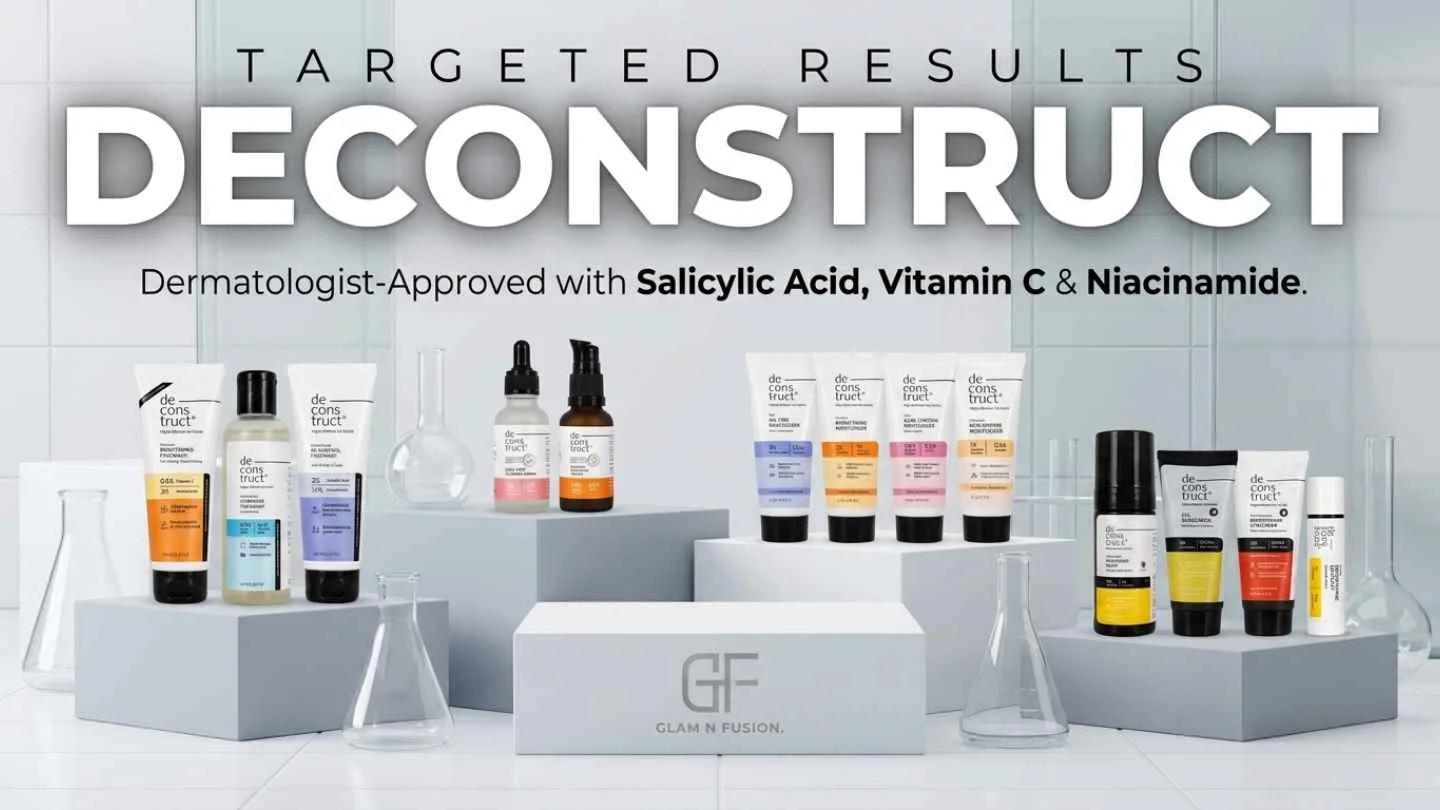 Deconstruct skincare serums and moisturizers displayed on minimalist white geometric podiums highlighting Salicylic Acid, Vitamin C, and Niacinamide.